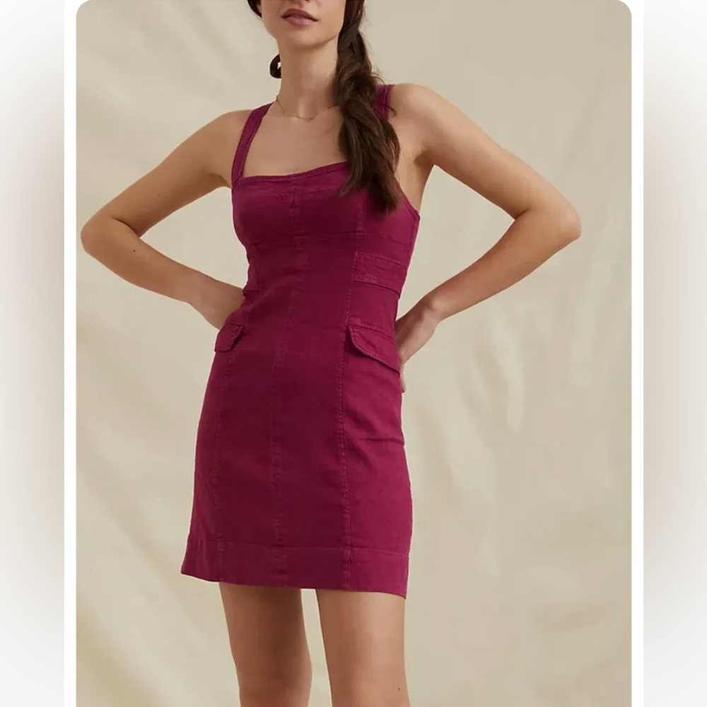 Anthropologie square neck linen mini cargo dress